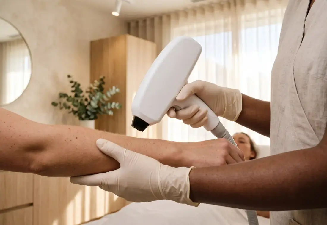 Procedimiento dermatológico en sala de tratamiento.